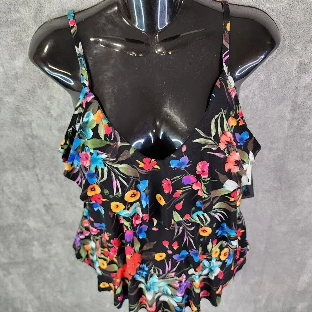 Women's Aqua Green Tiered Tankini Top Swinsuit Adjustable Straps Floral M